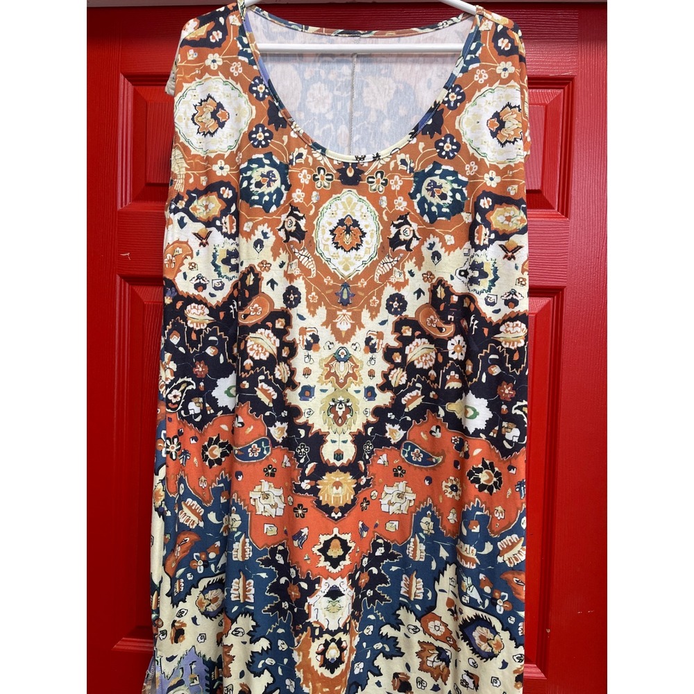 Shein Curve Boho Paisley Floral Sleeveless Shift Dress Orange Navy Blue 1XL